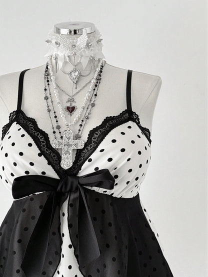 CURVE+ Plus Size Elegant Polka Dot Camisole With Bow, Suitable For Spring/Summer Vacation