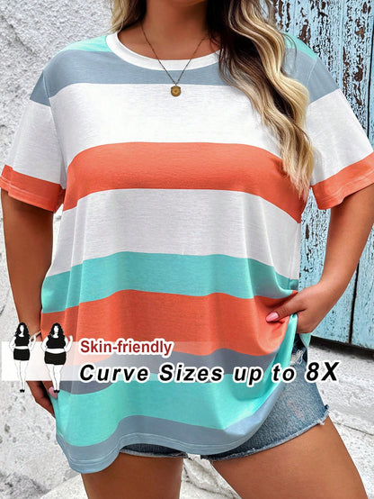 CURVE+ Plus Size Glittery Striped Women's T-Shirt,White,Summer,Smart Casual,Vacation,Full Pattern,Suitable For Beach Wear,Rose,Polka Dot,Love,Lip,3D Flower