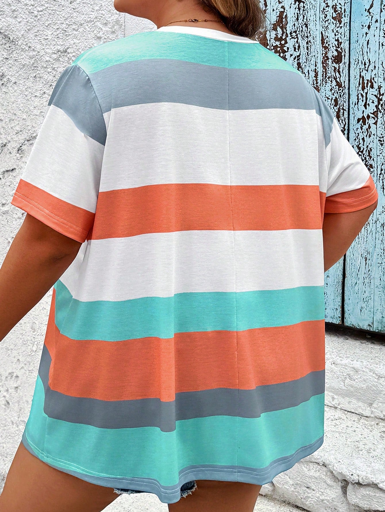 CURVE+ Plus Size Glittery Striped Women's T-Shirt,White,Summer,Smart Casual,Vacation,Full Pattern,Suitable For Beach Wear,Rose,Polka Dot,Love,Lip,3D Flower