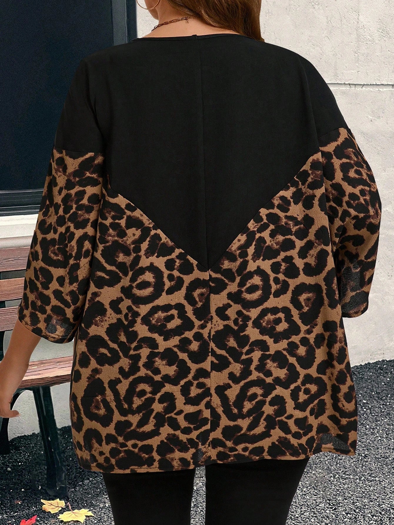 CURVE+ Plus Size Leopard Print Patchwork Short Sleeve Blouse, Summer Boho Vacation Fall