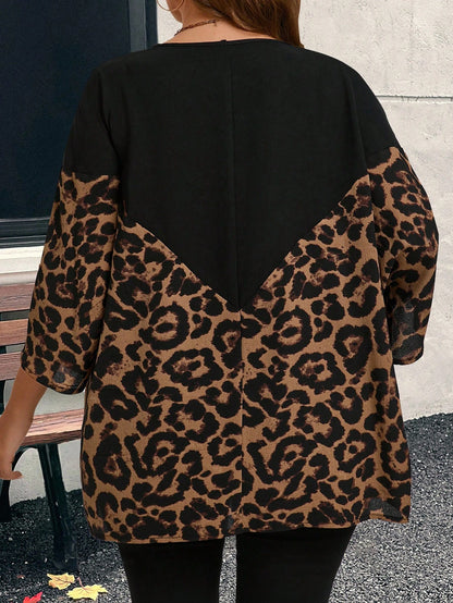 CURVE+ Plus Size Leopard Print Patchwork Short Sleeve Blouse, Summer Boho Vacation Fall