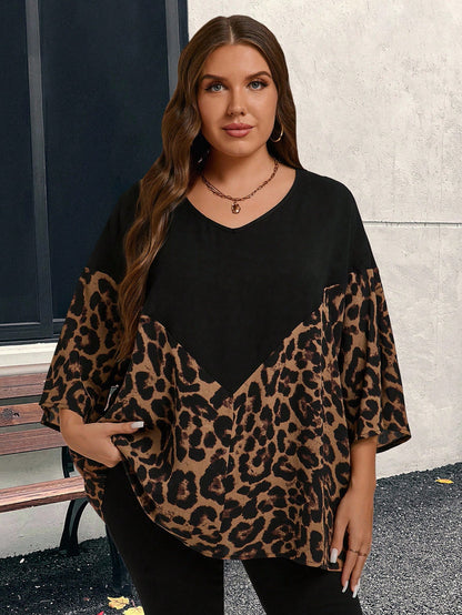 CURVE+ Plus Size Leopard Print Patchwork Short Sleeve Blouse, Summer Boho Vacation Fall