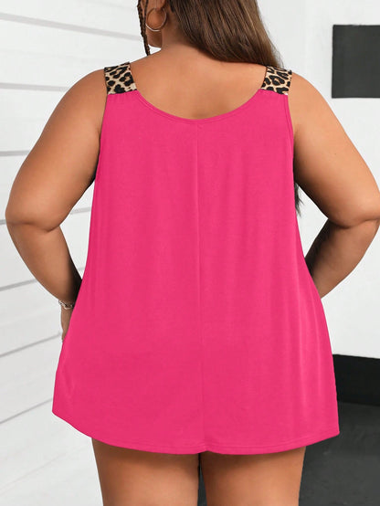 CURVE+ Plus Size Sleeveless Crew Neck Pocket Patchwork Leopard Print Basic Loose Camisole