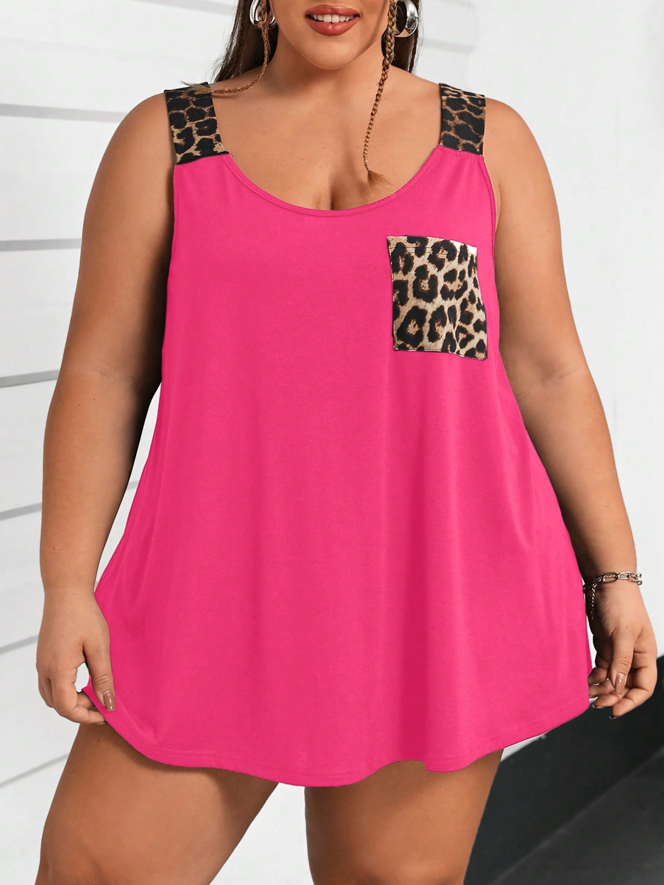 CURVE+ Plus Size Sleeveless Crew Neck Pocket Patchwork Leopard Print Basic Loose Camisole