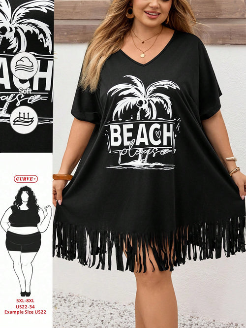 CURVE+ Plus Size V-Neck Floral Print Loose Beach Cover Up, Suitable For Summer Beach Vacation, Bohemian Style