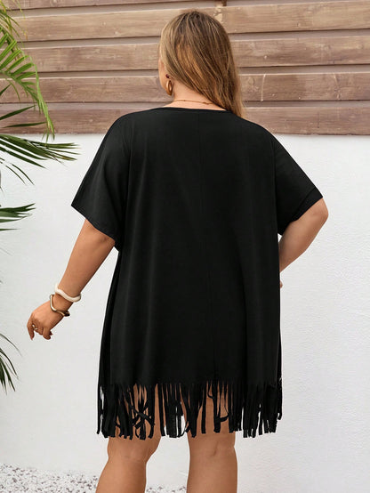 CURVE+ Plus Size V-Neck Floral Print Loose Beach Cover Up, Suitable For Summer Beach Vacation, Bohemian Style