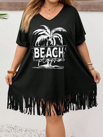 CURVE+ Plus Size V-Neck Floral Print Loose Beach Cover Up, Suitable For Summer Beach Vacation, Bohemian Style