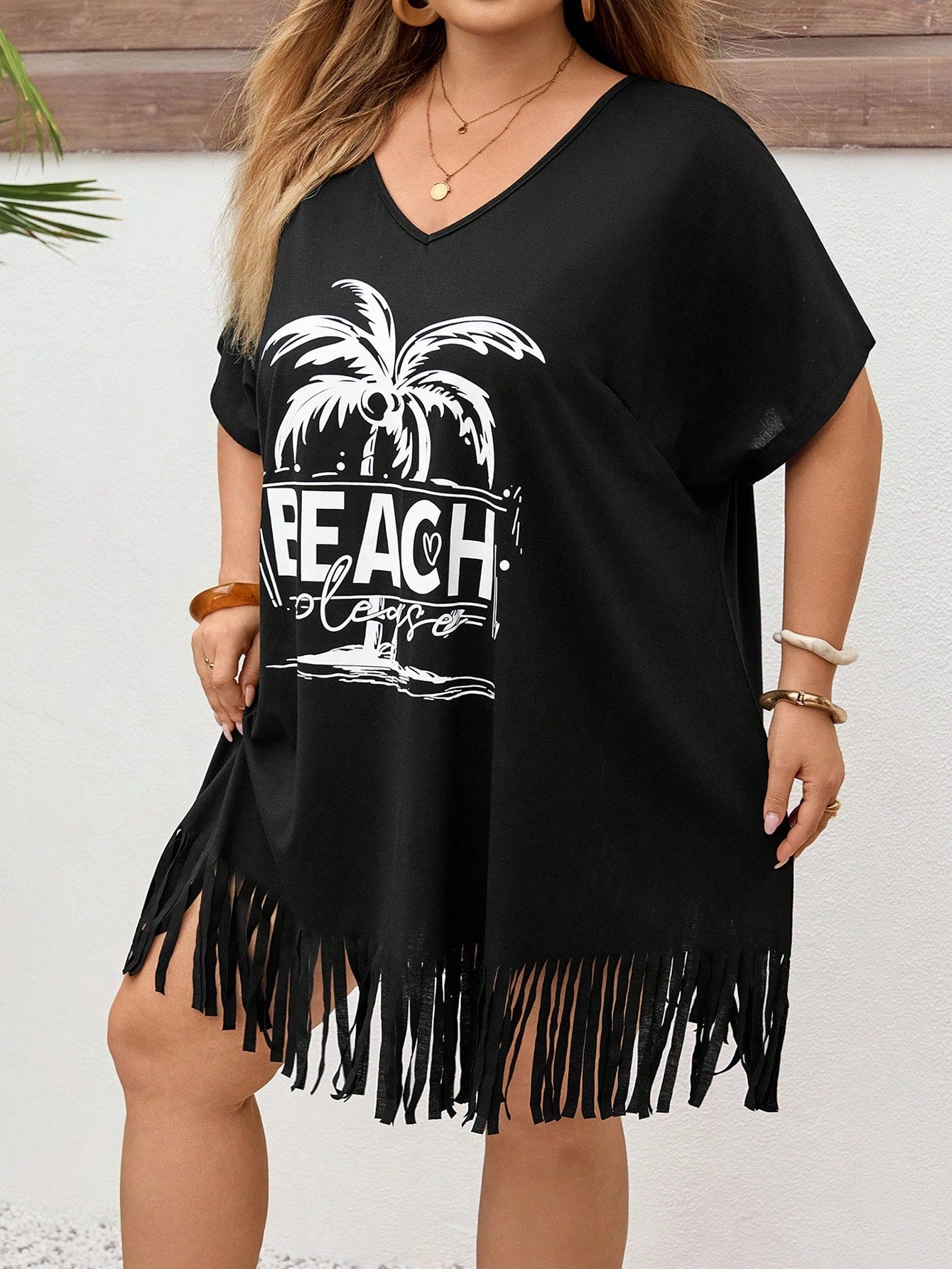 CURVE+ Plus Size V-Neck Floral Print Loose Beach Cover Up, Suitable For Summer Beach Vacation, Bohemian Style