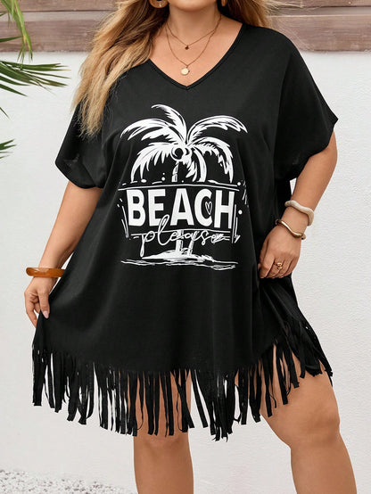 CURVE+ Plus Size V-Neck Floral Print Loose Beach Cover Up, Suitable For Summer Beach Vacation, Bohemian Style