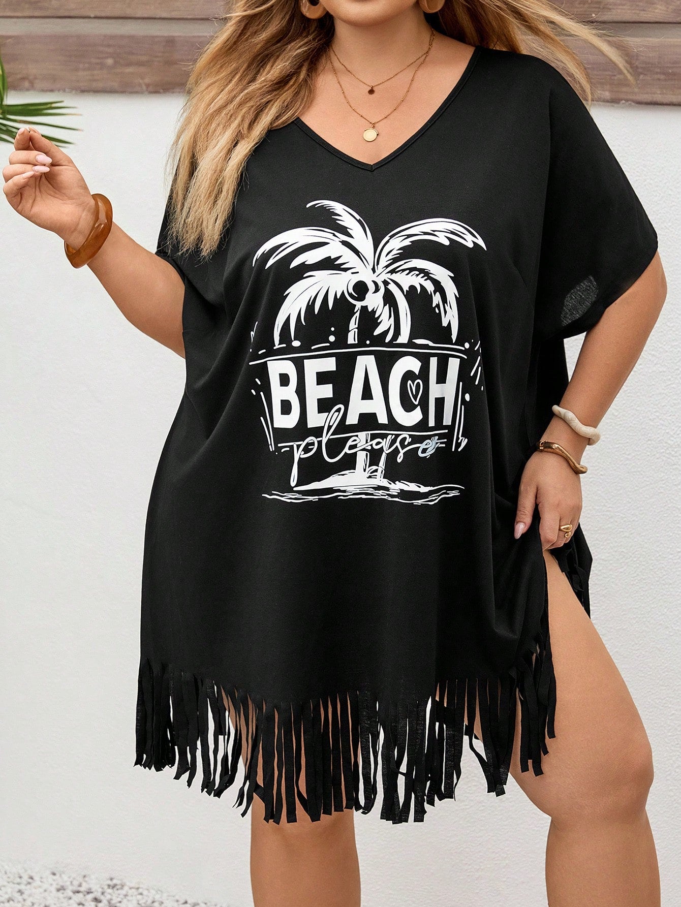 CURVE+ Plus Size V-Neck Floral Print Loose Beach Cover Up, Suitable For Summer Beach Vacation, Bohemian Style