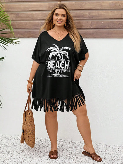 CURVE+ Plus Size V-Neck Floral Print Loose Beach Cover Up, Suitable For Summer Beach Vacation, Bohemian Style