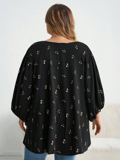 CURVE+ Plus Size Women Ditsy Floral Drawstring Neck Lantern Sleeve Loose Casual T-Shirt Plus Size Christmas Fall