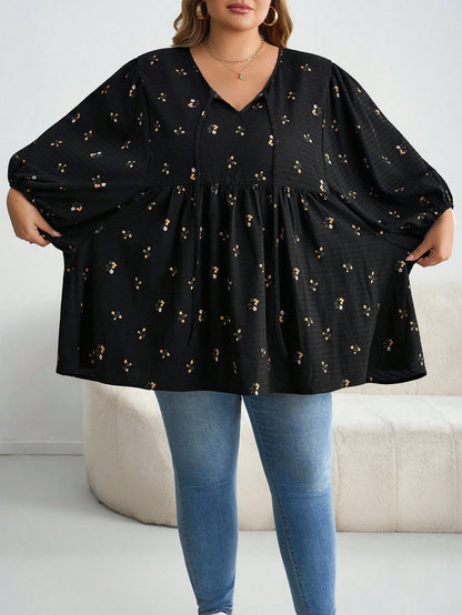 CURVE+ Plus Size Women Ditsy Floral Drawstring Neck Lantern Sleeve Loose Casual T-Shirt Plus Size Christmas Fall