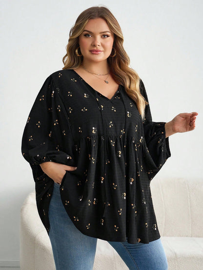 CURVE+ Plus Size Women Ditsy Floral Drawstring Neck Lantern Sleeve Loose Casual T-Shirt Plus Size Christmas Fall
