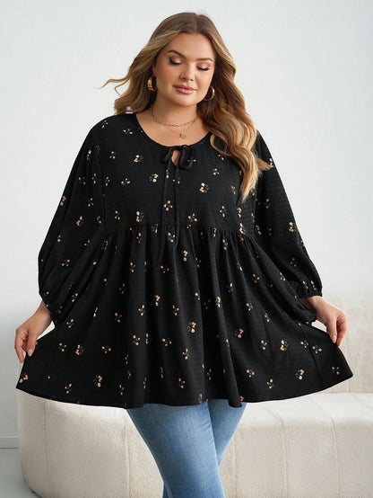 CURVE+ Plus Size Women Ditsy Floral Drawstring Neck Lantern Sleeve Loose Casual T-Shirt Plus Size Christmas Fall
