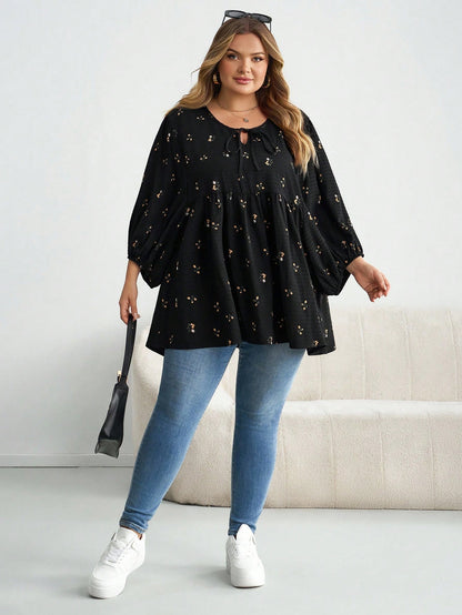CURVE+ Plus Size Women Ditsy Floral Drawstring Neck Lantern Sleeve Loose Casual T-Shirt Plus Size Christmas Fall