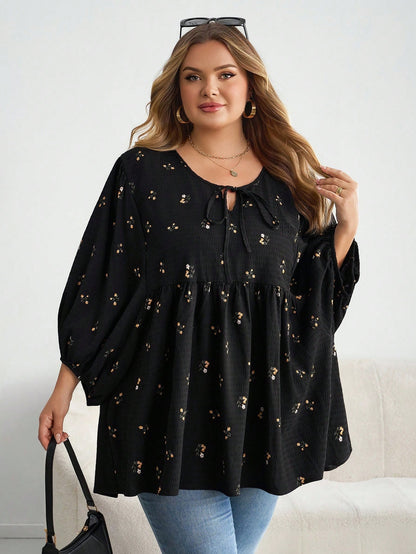CURVE+ Plus Size Women Ditsy Floral Drawstring Neck Lantern Sleeve Loose Casual T-Shirt Plus Size Christmas Fall
