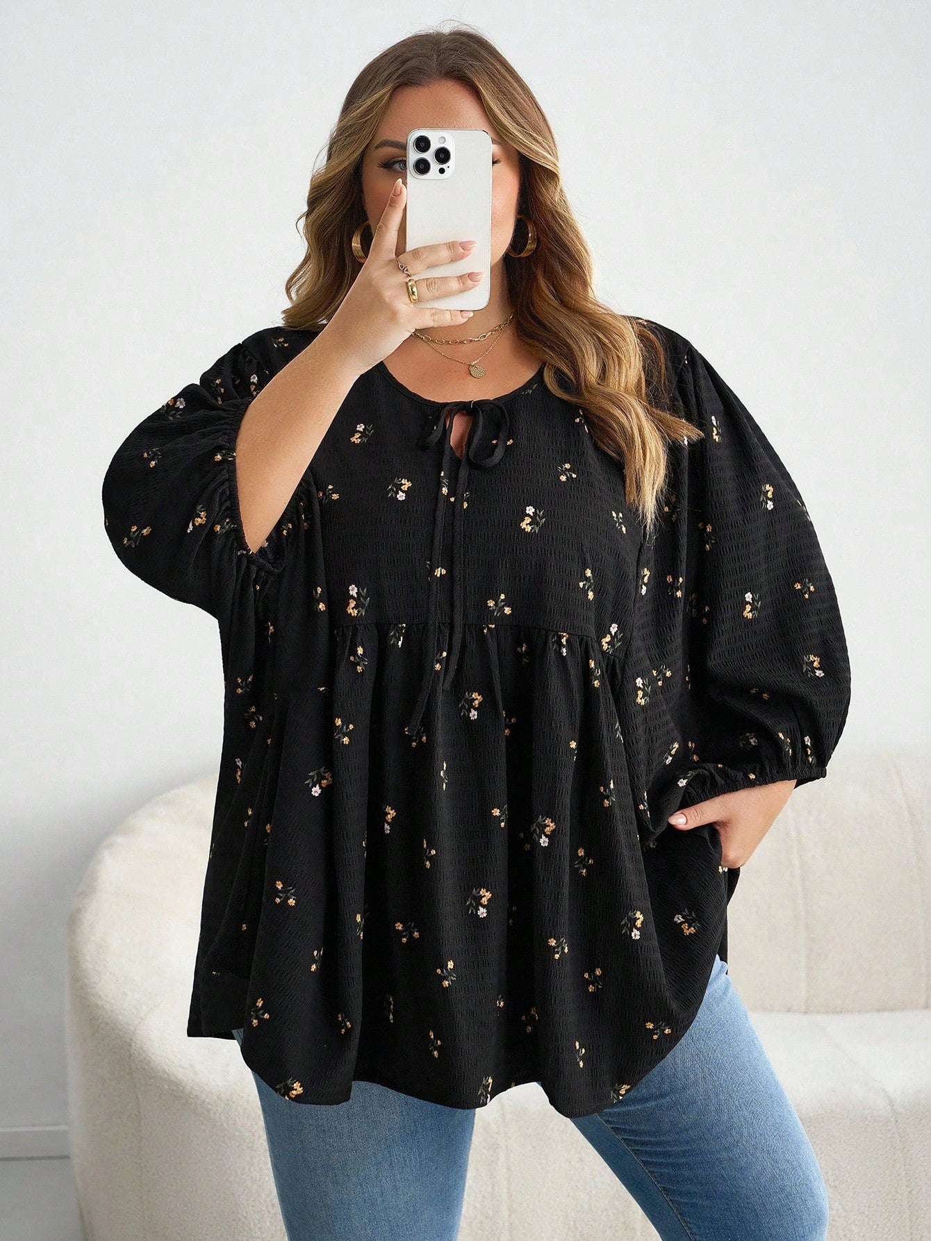 CURVE+ Plus Size Women Ditsy Floral Drawstring Neck Lantern Sleeve Loose Casual T-Shirt Plus Size Christmas Fall