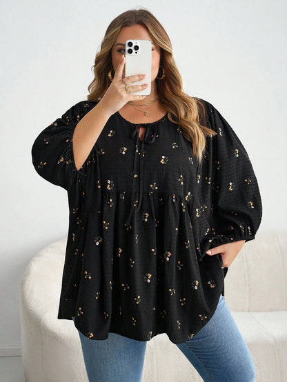 CURVE+ Plus Size Women Ditsy Floral Drawstring Neck Lantern Sleeve Loose Casual T-Shirt Plus Size Christmas Fall