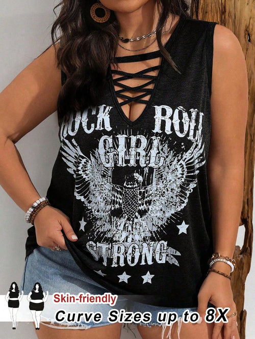 CURVE+ Plus Size Women Letter Wing Print Casual Rap Ravers Elegant Rap Ravers Tank Top Concert Black And White Summer Concert
