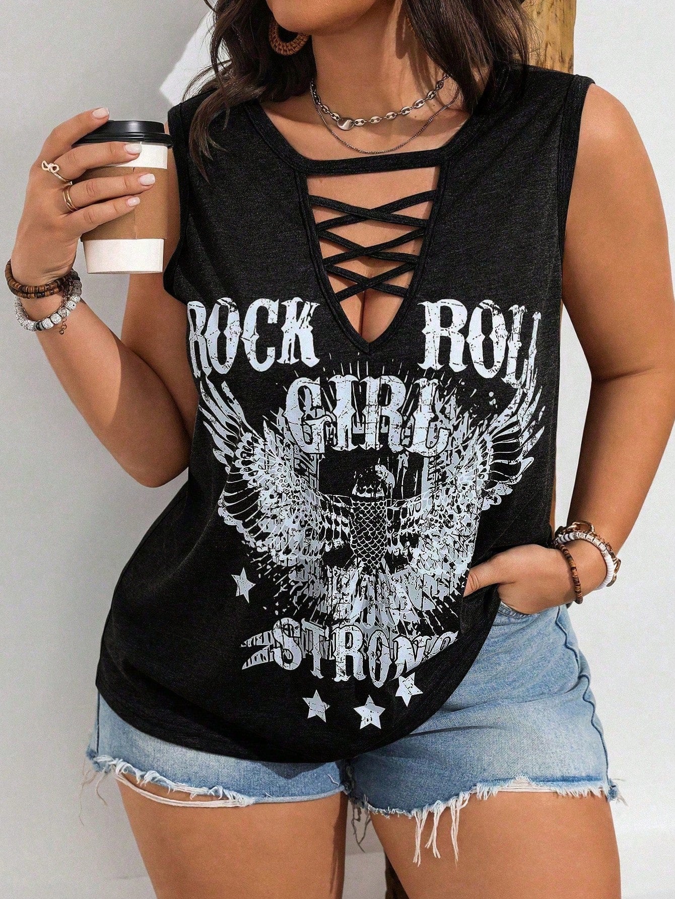 CURVE+ Plus Size Women Letter Wing Print Casual Rap Ravers Elegant Rap Ravers Tank Top Concert Black And White Summer Concert