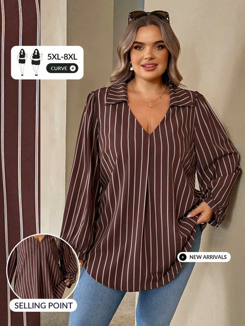 CURVE+ Plus Size Women's Brown Striped Autumn Elegant Casual V-Neck Long Sleeve Shirt, Loose Comfortable Top, Vintage Office Business Blouse Fall