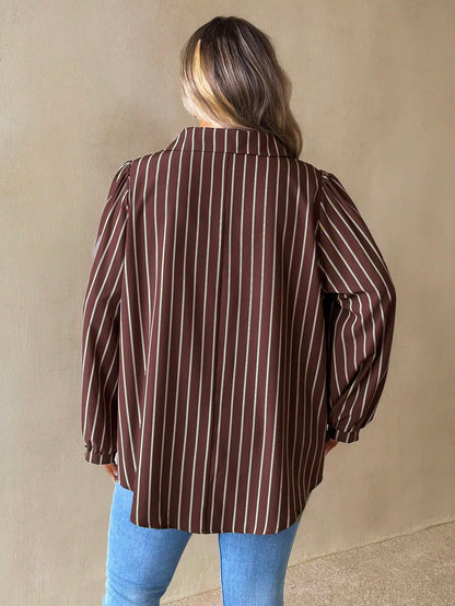 CURVE+ Plus Size Women's Brown Striped Autumn Elegant Casual V-Neck Long Sleeve Shirt, Loose Comfortable Top, Vintage Office Business Blouse Fall
