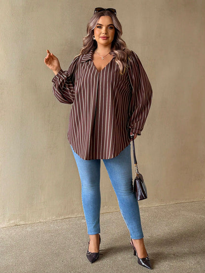 CURVE+ Plus Size Women's Brown Striped Autumn Elegant Casual V-Neck Long Sleeve Shirt, Loose Comfortable Top, Vintage Office Business Blouse Fall
