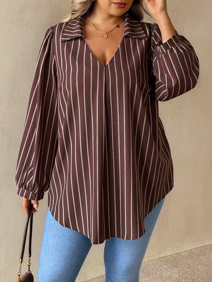 CURVE+ Plus Size Women's Brown Striped Autumn Elegant Casual V-Neck Long Sleeve Shirt, Loose Comfortable Top, Vintage Office Business Blouse Fall