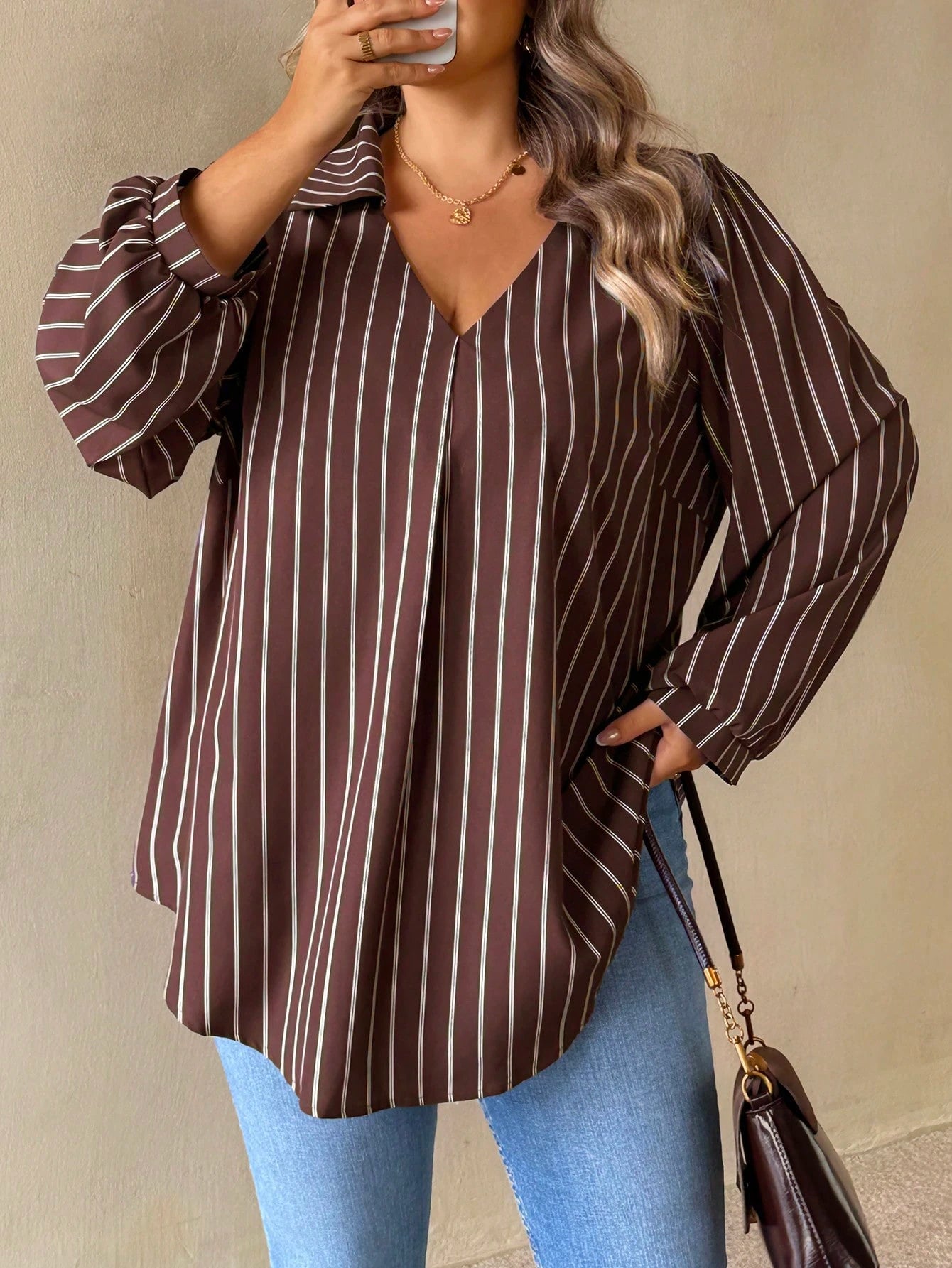 CURVE+ Plus Size Women's Brown Striped Autumn Elegant Casual V-Neck Long Sleeve Shirt, Loose Comfortable Top, Vintage Office Business Blouse Fall