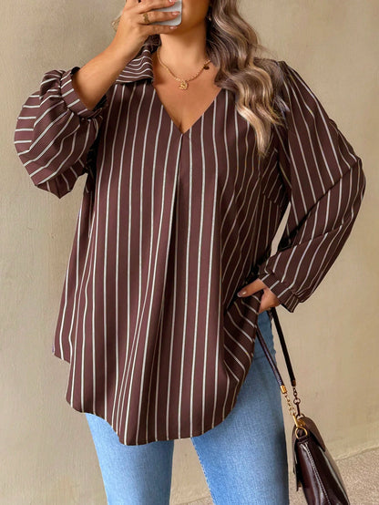 CURVE+ Plus Size Women's Brown Striped Autumn Elegant Casual V-Neck Long Sleeve Shirt, Loose Comfortable Top, Vintage Office Business Blouse Fall