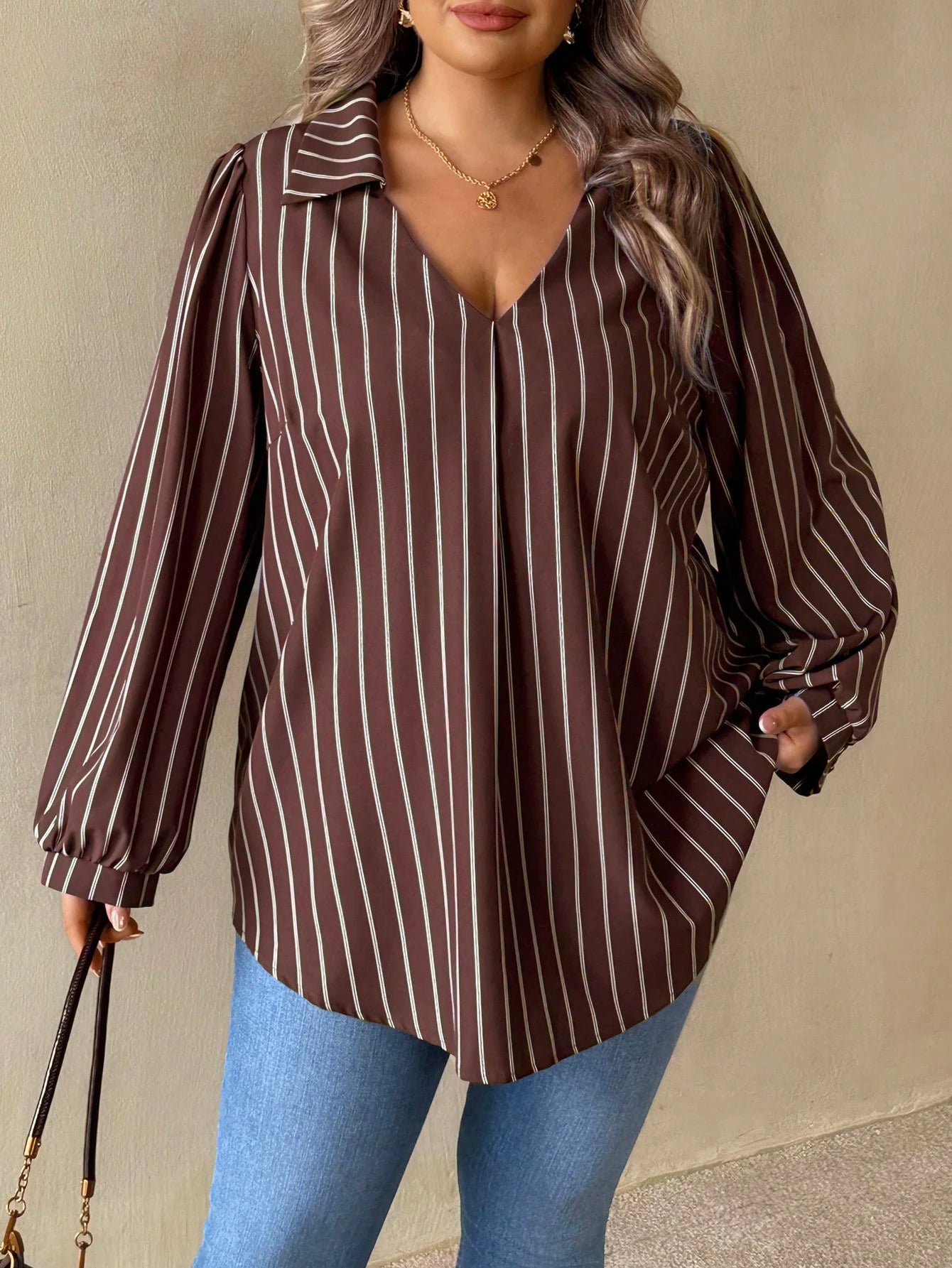 CURVE+ Plus Size Women's Brown Striped Autumn Elegant Casual V-Neck Long Sleeve Shirt, Loose Comfortable Top, Vintage Office Business Blouse Fall
