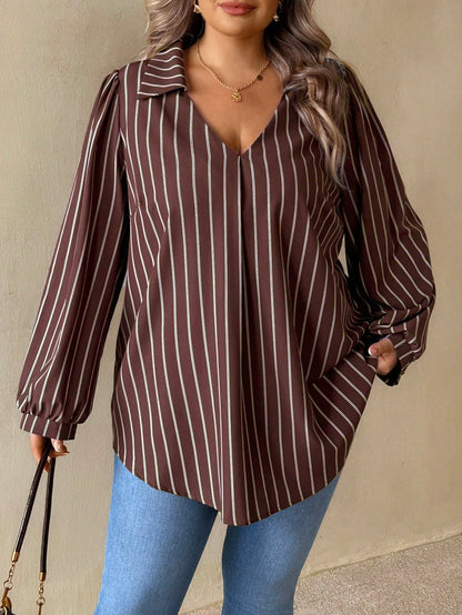 CURVE+ Plus Size Women's Brown Striped Autumn Elegant Casual V-Neck Long Sleeve Shirt, Loose Comfortable Top, Vintage Office Business Blouse Fall
