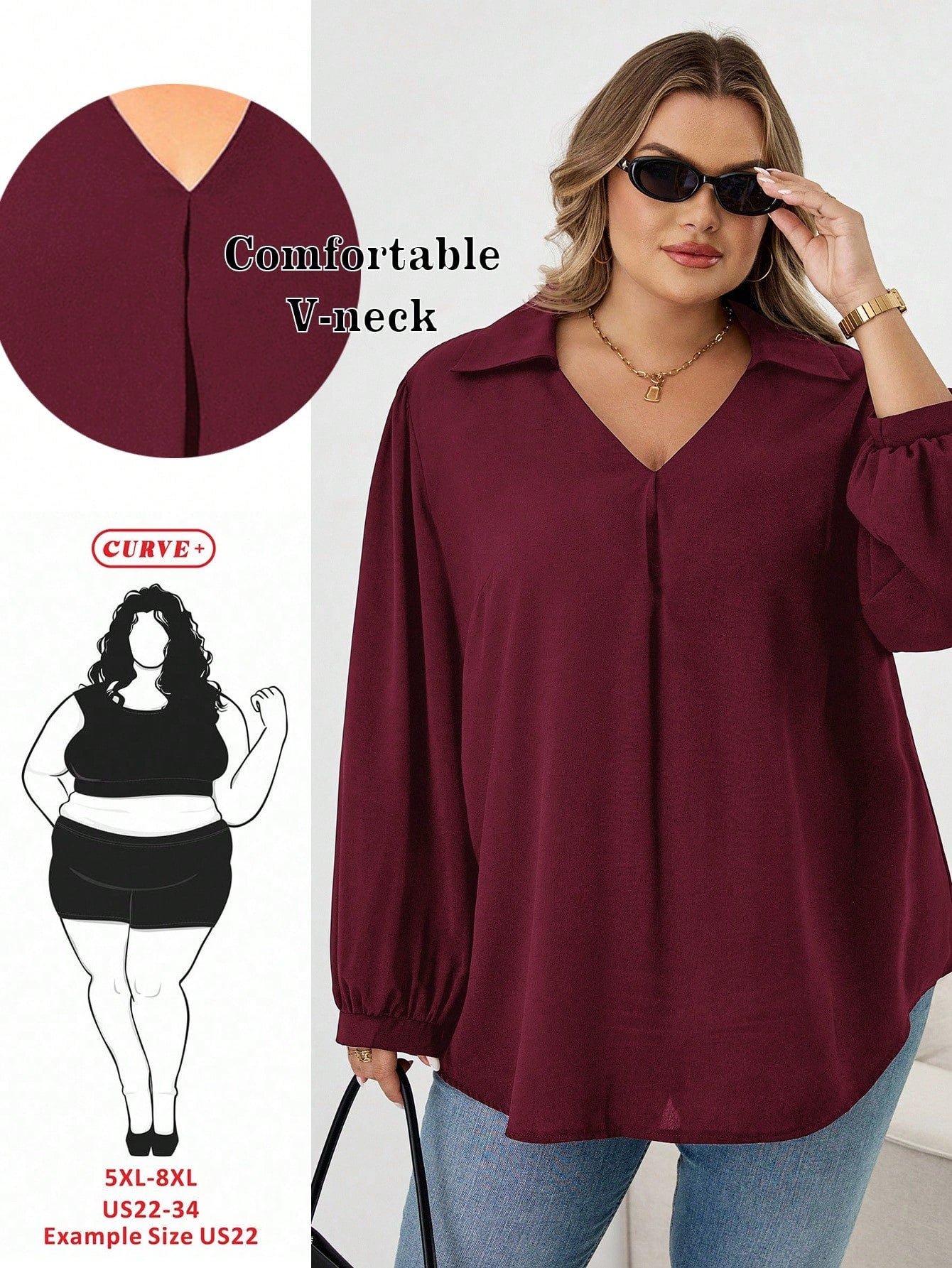 CURVE+ Plus Size Women's Brown Striped Autumn Elegant Casual V-Neck Long Sleeve Shirt, Loose Comfortable Top, Vintage Office Business Blouse Fall