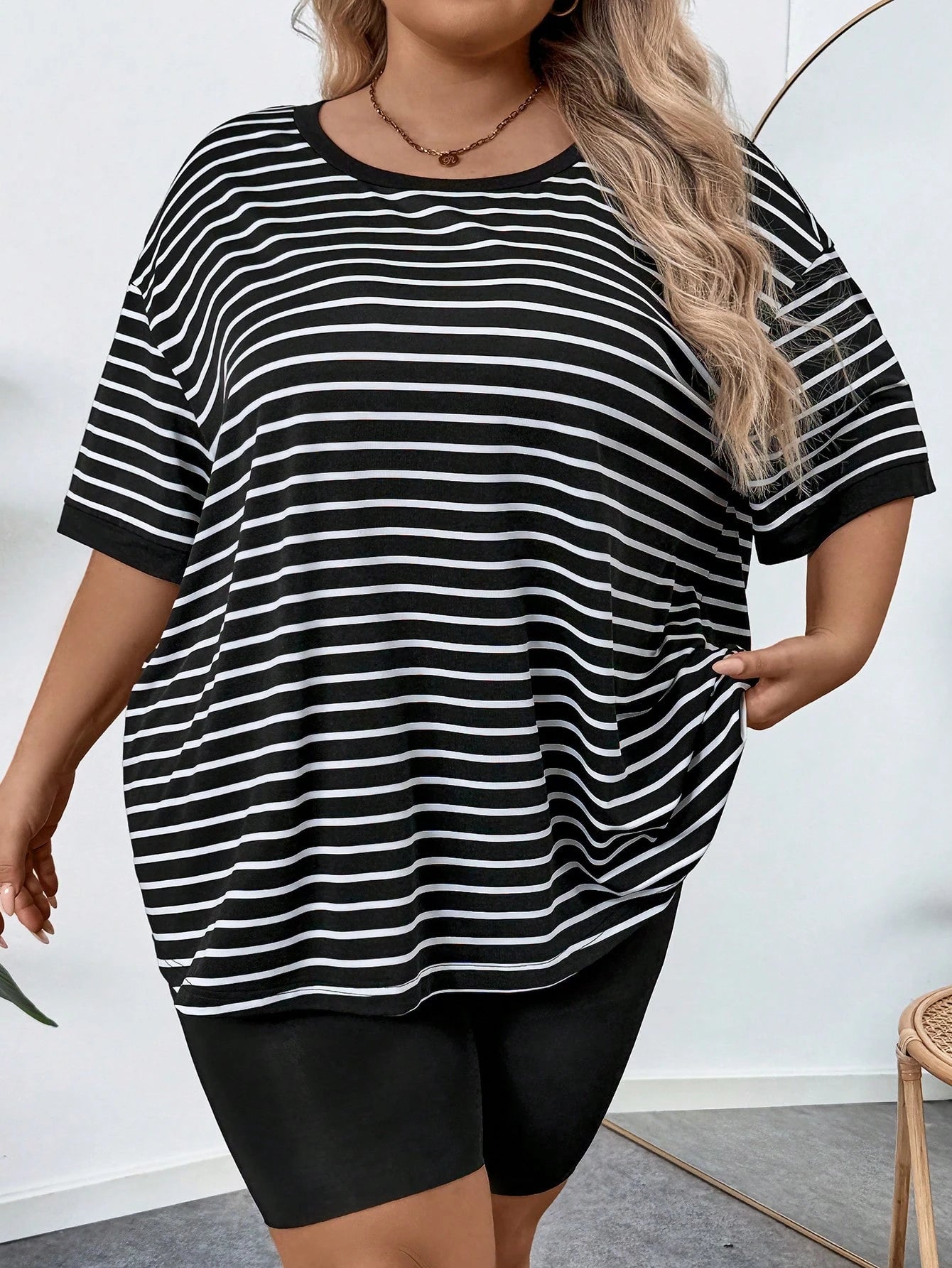 CURVE+ Plus Size Women's Casual Striped & Printed Round Neck Drop Shoulder Short Sleeve Casual T-Shirt, Summer