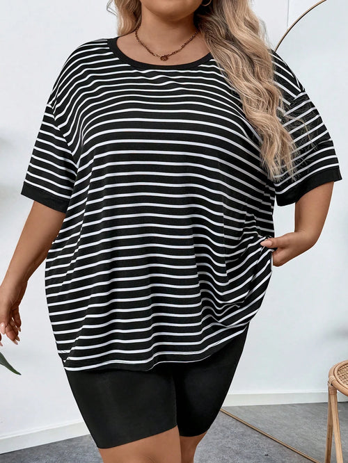 CURVE+ Plus Size Women's Casual Striped & Printed Round Neck Drop Shoulder Short Sleeve Casual T-Shirt, Summer