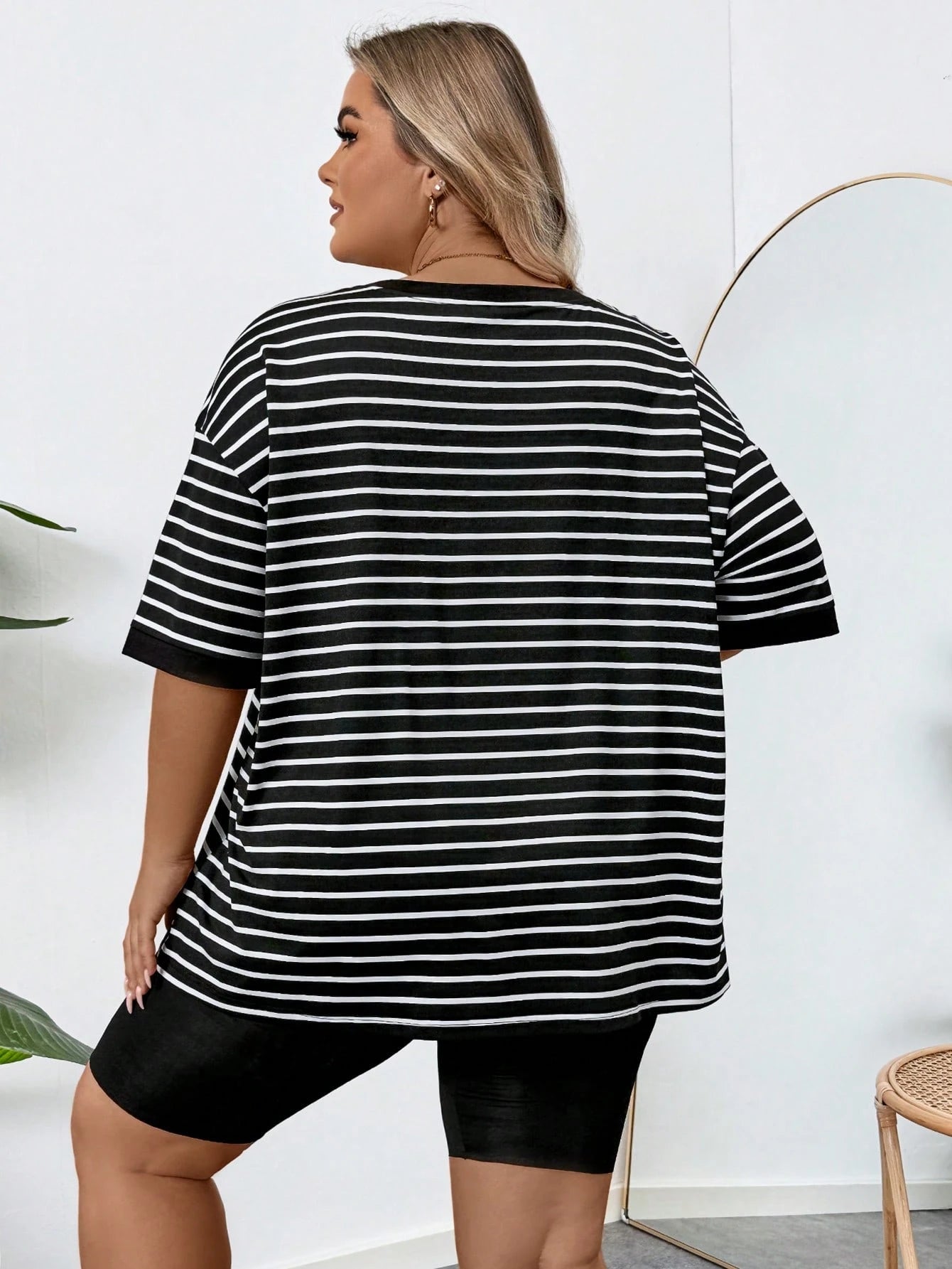 CURVE+ Plus Size Women's Casual Striped & Printed Round Neck Drop Shoulder Short Sleeve Casual T-Shirt, Summer