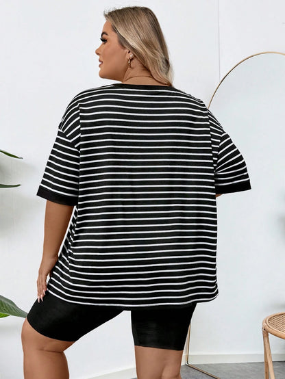 CURVE+ Plus Size Women's Casual Striped & Printed Round Neck Drop Shoulder Short Sleeve Casual T-Shirt, Summer