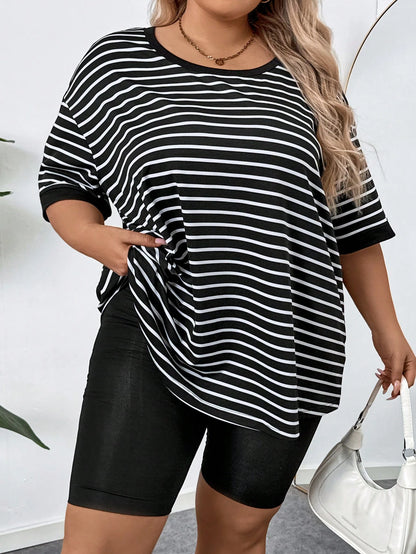 CURVE+ Plus Size Women's Casual Striped & Printed Round Neck Drop Shoulder Short Sleeve Casual T-Shirt, Summer