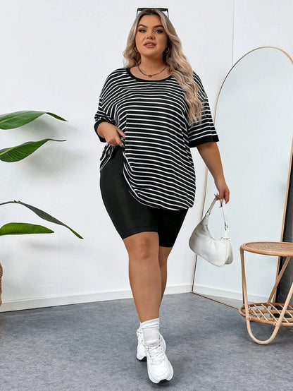 CURVE+ Plus Size Women's Casual Striped & Printed Round Neck Drop Shoulder Short Sleeve Casual T-Shirt, Summer