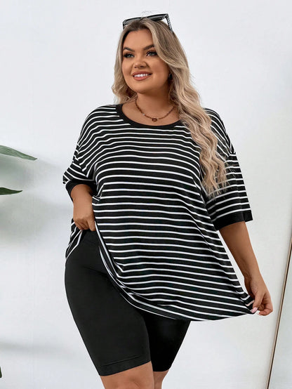 CURVE+ Plus Size Women's Casual Striped & Printed Round Neck Drop Shoulder Short Sleeve Casual T-Shirt, Summer