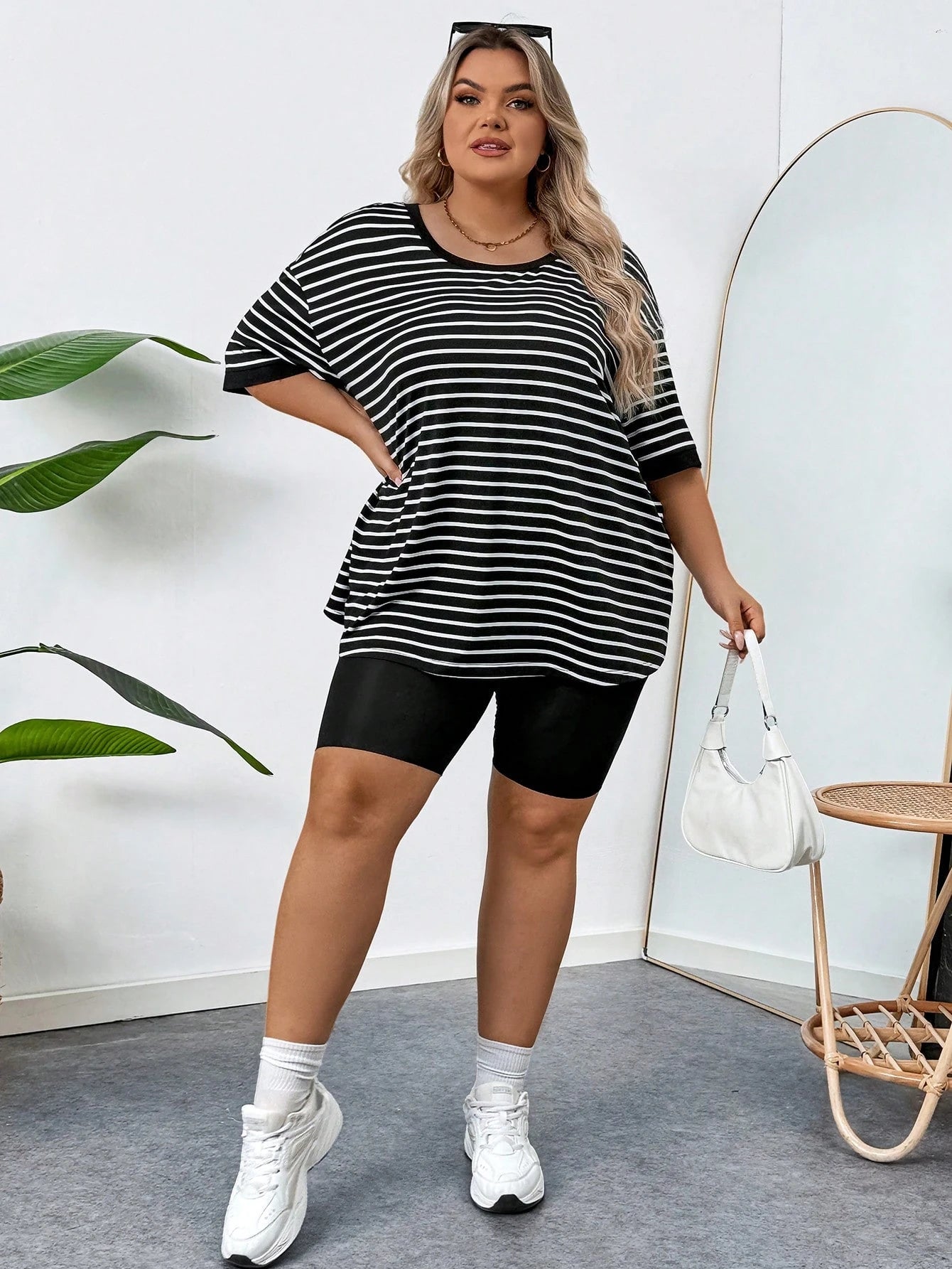 CURVE+ Plus Size Women's Casual Striped & Printed Round Neck Drop Shoulder Short Sleeve Casual T-Shirt, Summer