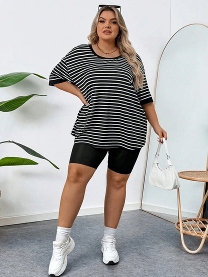 CURVE+ Plus Size Women's Casual Striped & Printed Round Neck Drop Shoulder Short Sleeve Casual T-Shirt, Summer