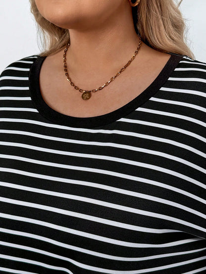 CURVE+ Plus Size Women's Casual Striped & Printed Round Neck Drop Shoulder Short Sleeve Casual T-Shirt, Summer
