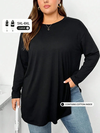 CURVE+ Plus Size Women's Spring/Autumn Fashion Casual Loose Comfortable Basic Black Short Sleeve T-Shirt With Hem Slit, Minimalist Style, Everyday Top, Plus Size T-Shirt, Women's Airport Outfit