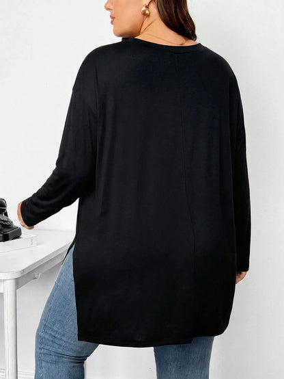 CURVE+ Plus Size Women's Spring/Autumn Fashion Casual Loose Comfortable Basic Black Short Sleeve T-Shirt With Hem Slit, Minimalist Style, Everyday Top, Plus Size T-Shirt, Women's Airport Outfit
