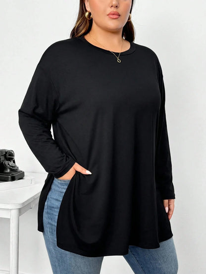 CURVE+ Plus Size Women's Spring/Autumn Fashion Casual Loose Comfortable Basic Black Short Sleeve T-Shirt With Hem Slit, Minimalist Style, Everyday Top, Plus Size T-Shirt, Women's Airport Outfit