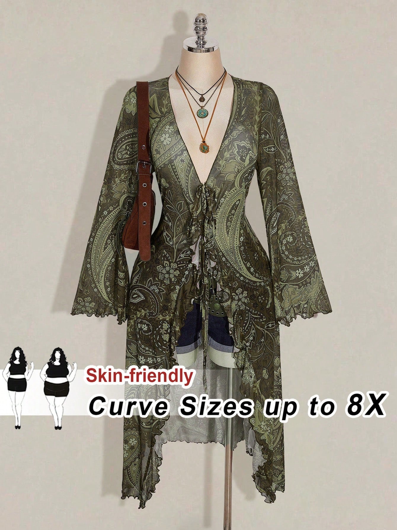 CURVE+ Plus Size Women's Summer Casual Boho Vacation Style Paisley Print Tie-Front Long Shirt Vacation Olive Green