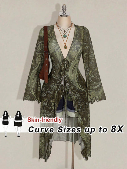 CURVE+ Plus Size Women's Summer Casual Boho Vacation Style Paisley Print Tie-Front Long Shirt Vacation Olive Green