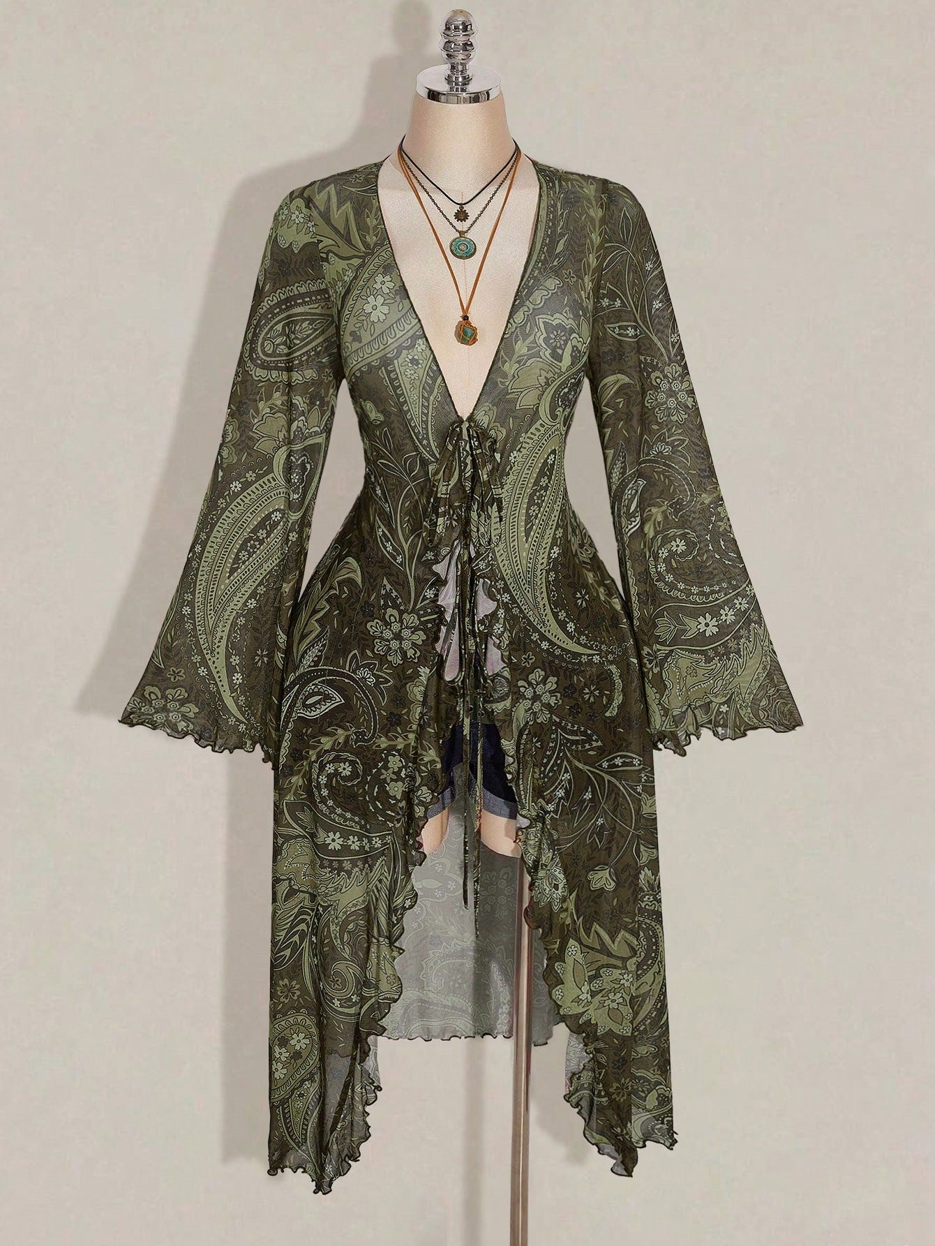 CURVE+ Plus Size Women's Summer Casual Boho Vacation Style Paisley Print Tie-Front Long Shirt Vacation Olive Green